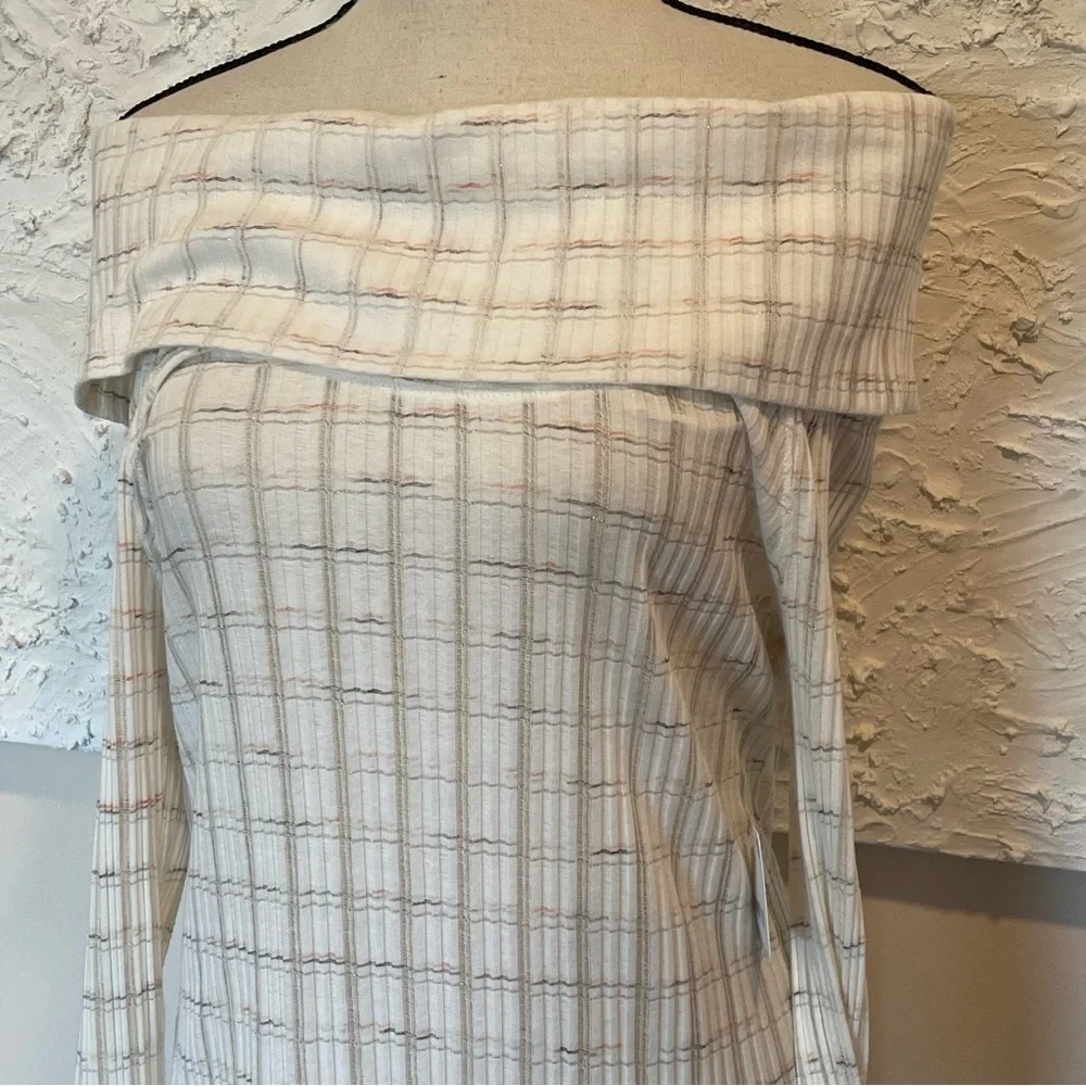 FREE PEOPLE Snowbunny Striped Off the Shoulder Metallic Long Sleeve Top L NWT.
